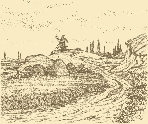 497x415 Drawing Landscape Countryside Vector Set Free Vector - Countryside Drawing