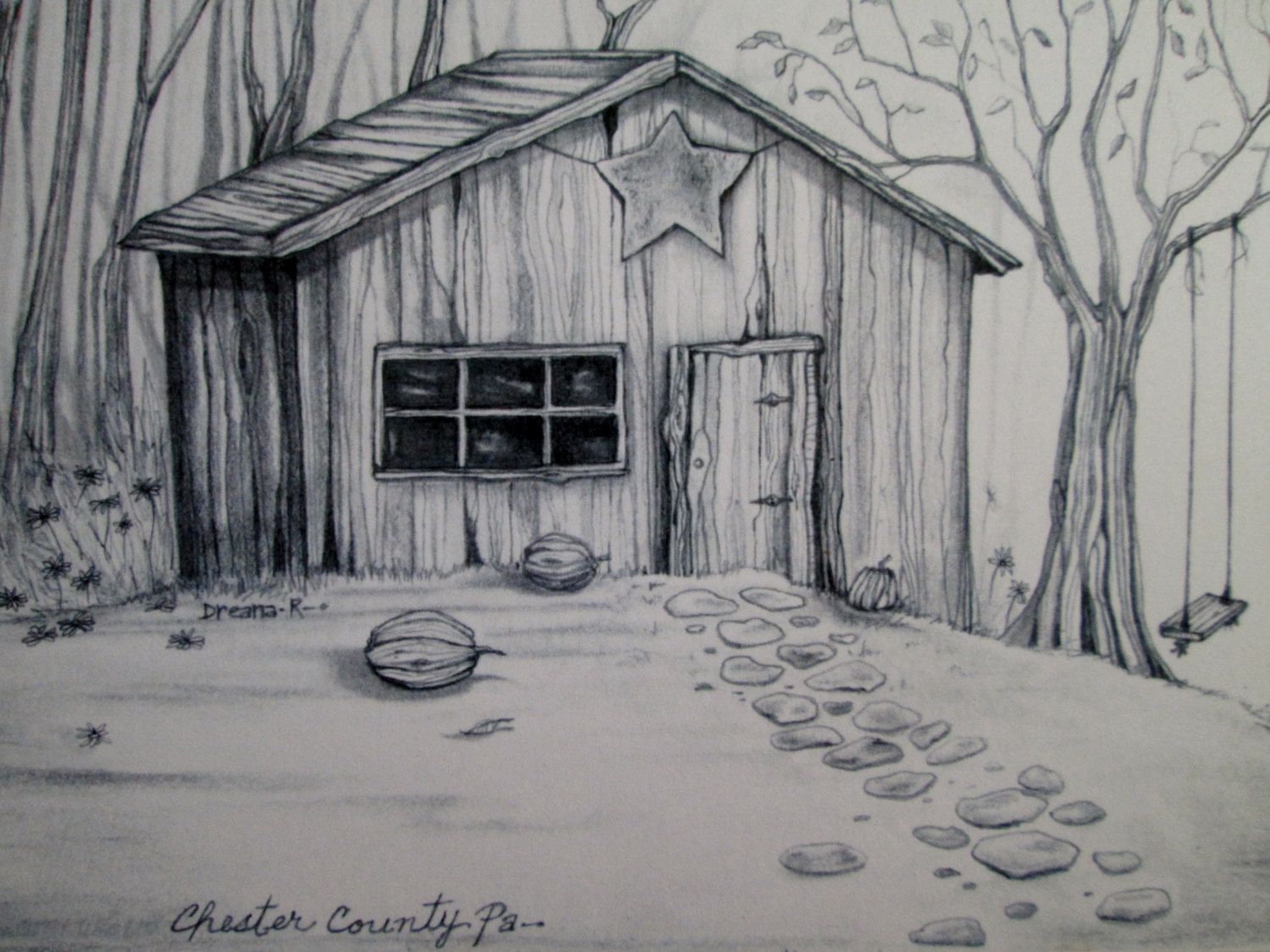 1500x1125 Black And White Country Farm Shed Original Design Fine Art Print - Countryside Drawing