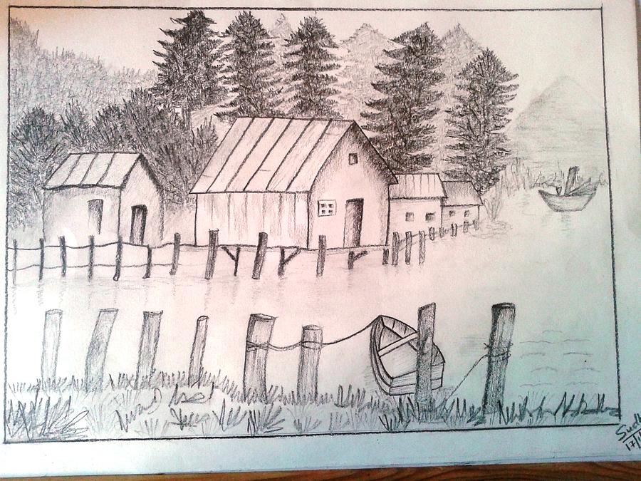 900x675 Pencil Shading Drawing - Countryside Drawing
