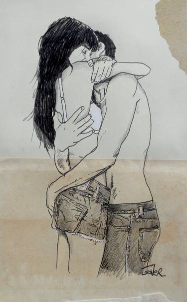 375x604 Kissing Couple Drawing - Couple Drawing