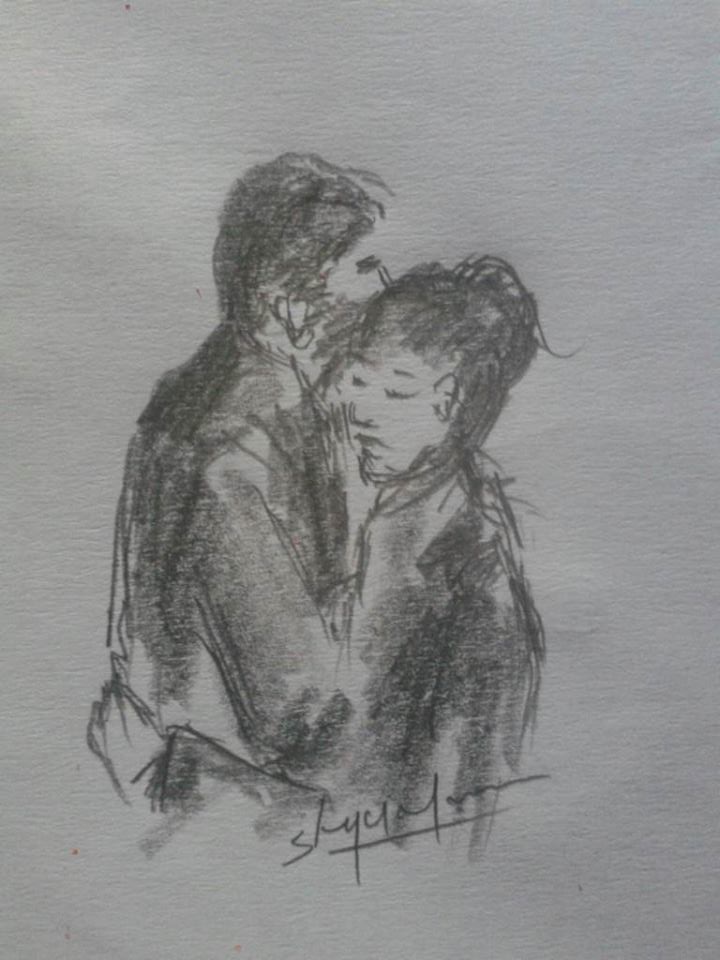 720x960 shiju m drawings love hugging drawing - Couple Hugging Drawing