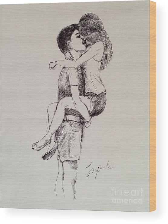 555x740 kissing couple and the passion wood print - Couple Kissing Drawing