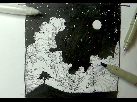 480x360 Pen Ink Drawing Tutorials How To Draw A Night Sky Landscape - Couple Looking At Stars Drawing