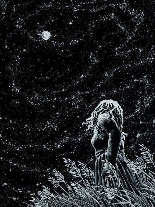 500x667 Drawing Art Girl Black And White Beautiful Full Moon Dream Moon - Couple Looking At Stars Drawing