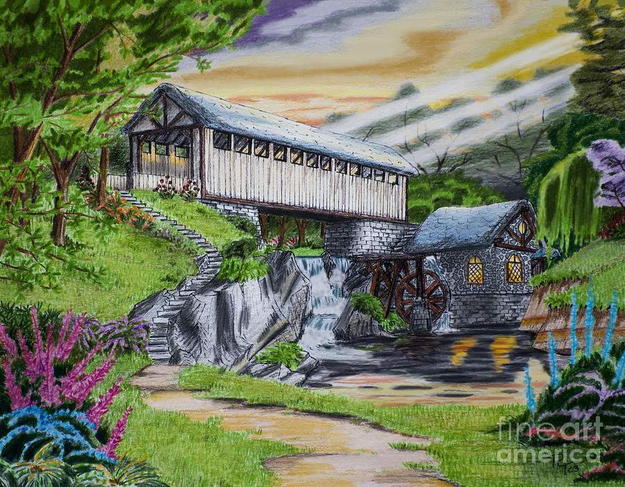 900x702 Covered Bridge Drawing - Covered Bridge Drawing