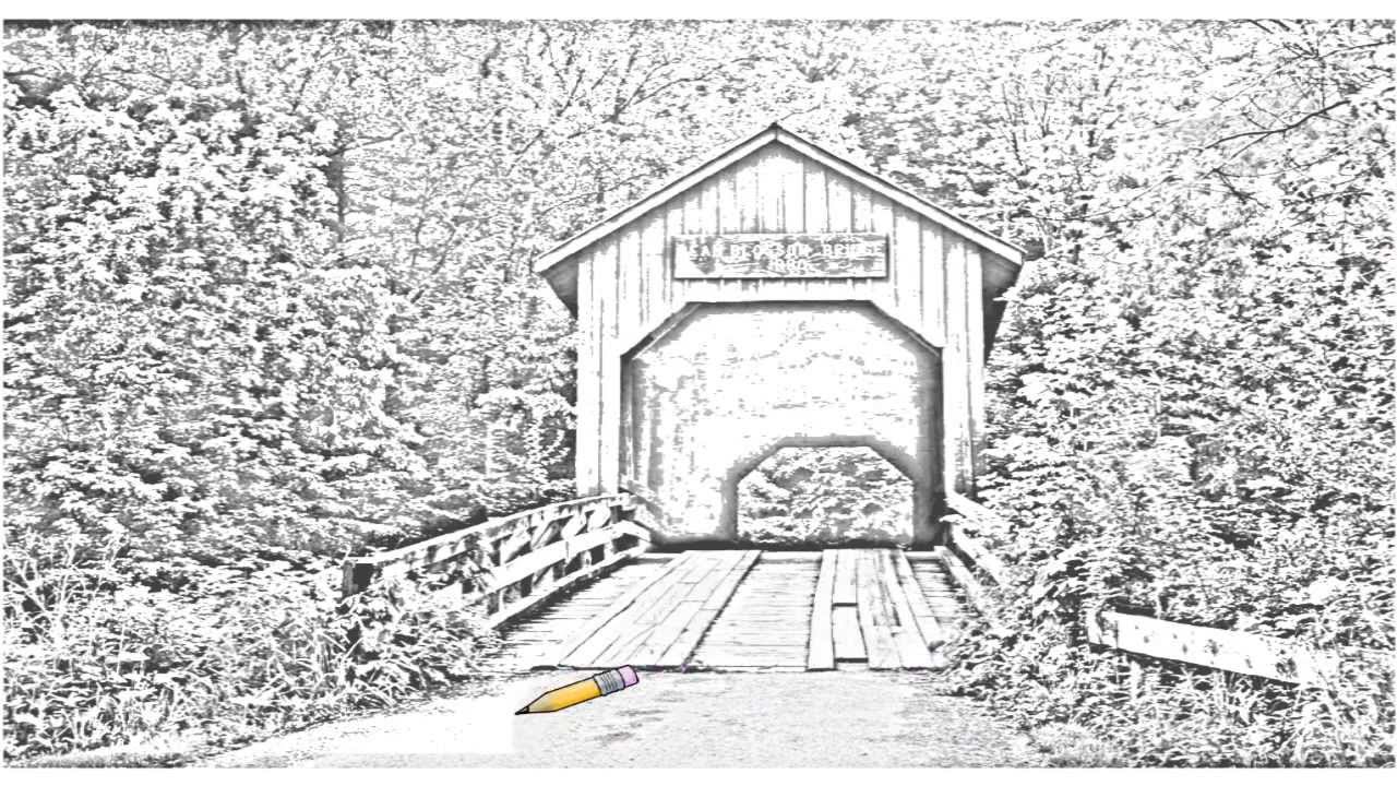 1280x720 Auto Draw Covered Bridge, Bean Blossom, Indiana - Covered Bridge Drawing