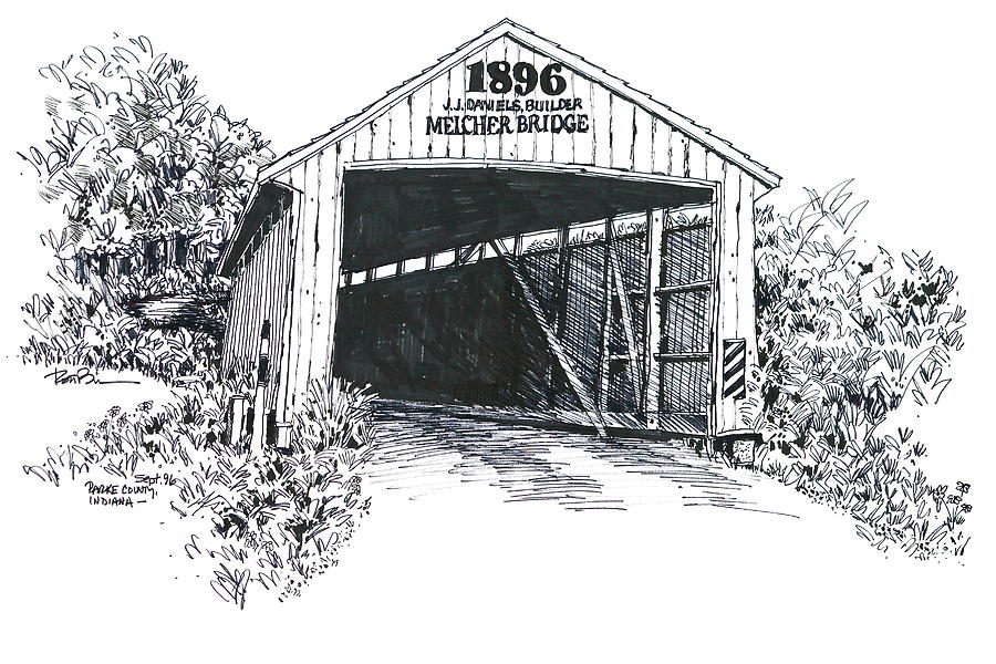 900x600 Indiana Covered Bridge Drawing - Covered Bridge Drawing