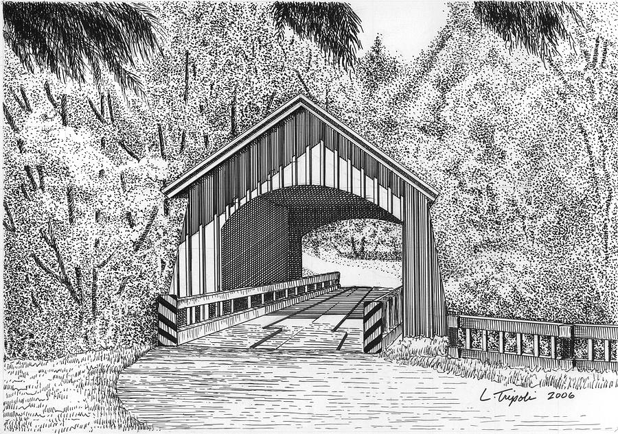 900x633 North Yachats Covered Bridge Drawing - Covered Bridge Drawing