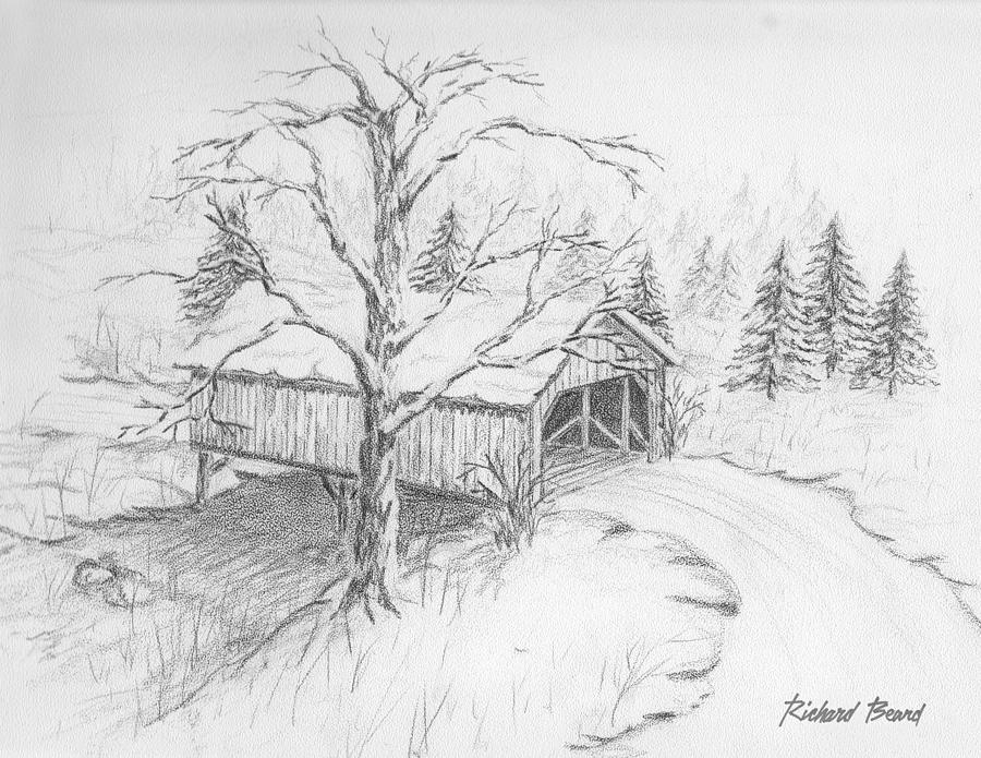 900x695 Snow Covered Bridge Drawing - Covered Bridge Drawing