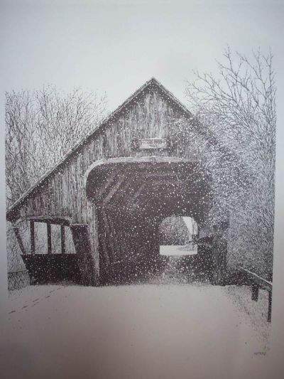 400x533 Woodstock Covered Bridge Pen Ink Print - Covered Bridge Drawing
