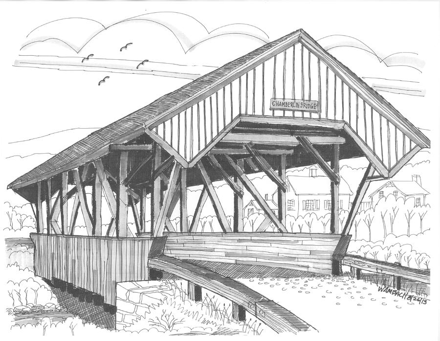 900x697 Chamberin Mill Covered Bridge Drawing - Covered Bridge Drawing
