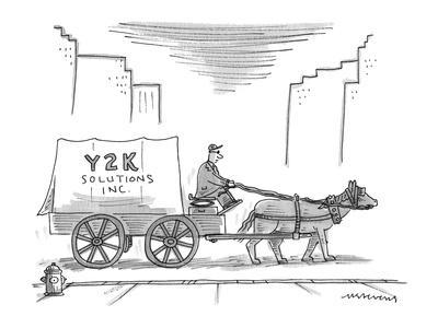 400x300 man riding in horse drawn covered wagon with sign that reads - Covered Wagon Drawing