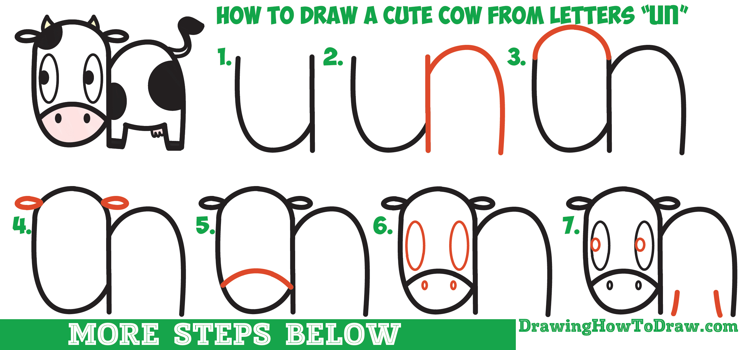 2478x1170 How To Draw A Cute Cartoon Kawaii Cow Easy Step - Cow Simple Drawing