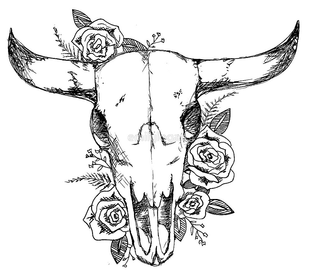 1000x871 Cow Skull And Roses - Cow Skull Drawing