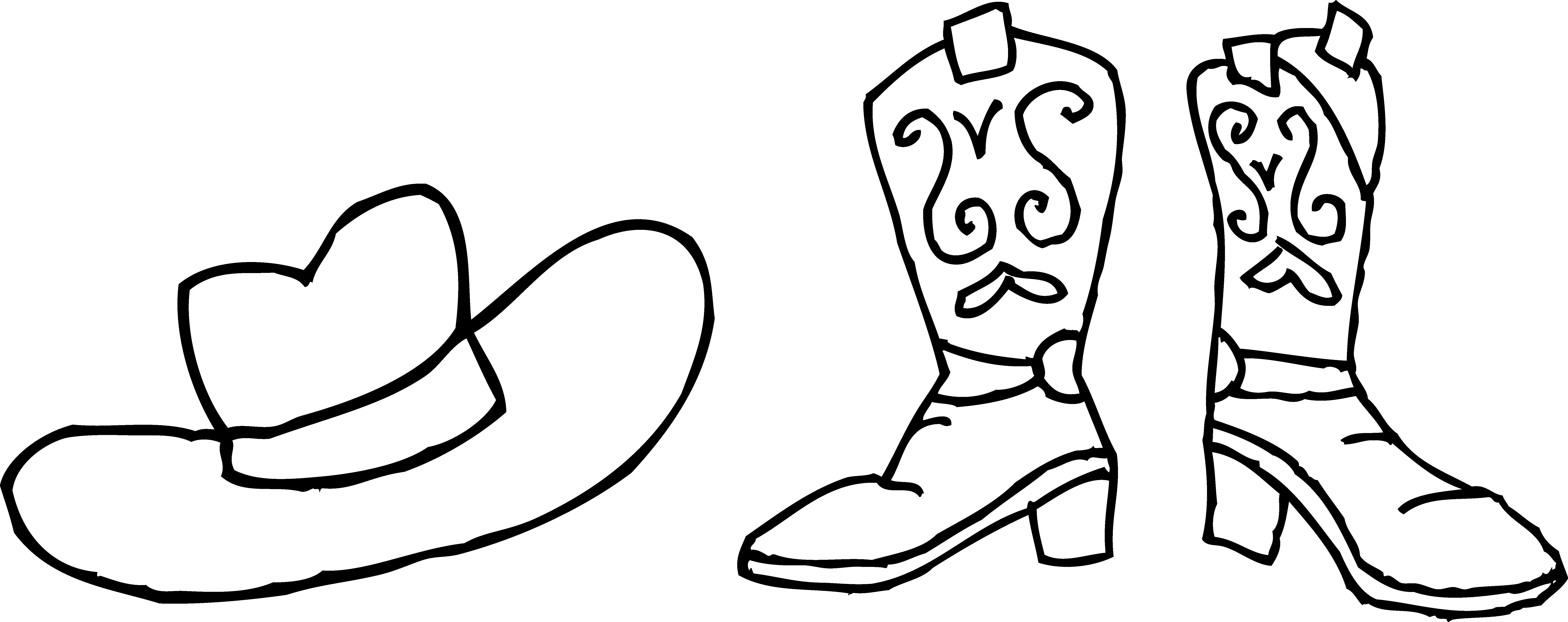 7944x3150 Cowboy Clipart Black And White Hat Boots Coloring - Cowboy Boot Line Drawing