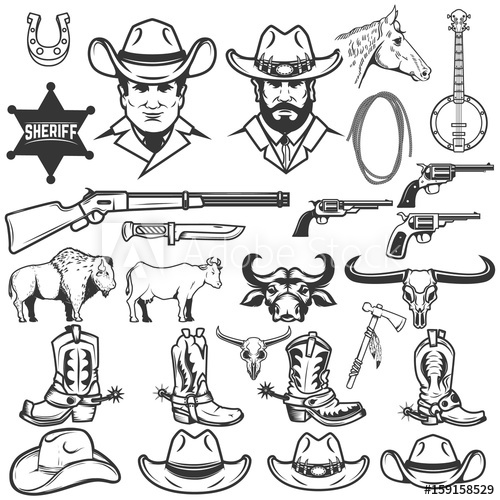 500x500 set of cowboy design elements cowboy boots, hats, weapon cow - Cowboy Boots And Hat Drawing