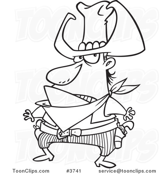 581x600 Cartoon Black And White Line Drawing Of A Bad Cowboy Ready To Draw - Cowboy Cartoon Drawing