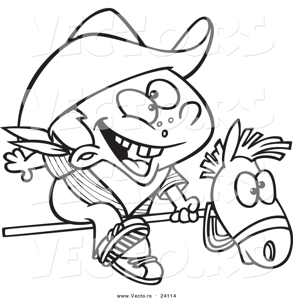 1024x1044 Vector Of A Cartoon Kid Cowboy Riding A Stick Pony - Cowboy Drawing For Kids