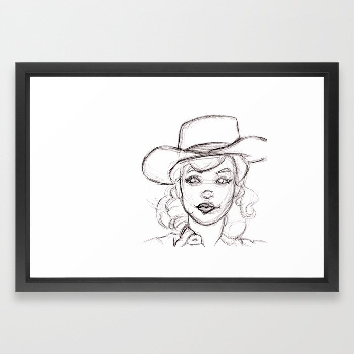 700x700 Pencil Drawing Sketch Of Retro Girl In Cowboy Hat Framed Art Print - Cowboy Hat Drawing