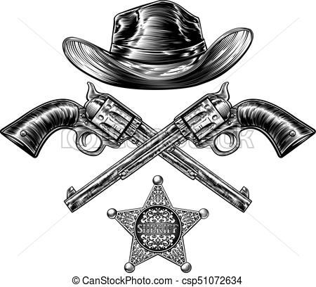 450x408 pistols and cowboy hat with sheriff star badge cowboy hat - Cowboy Hat Line Drawing