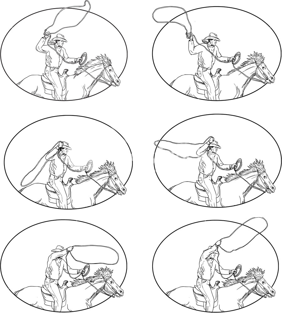 900x1000 collection set of illustrations of a cowboy holding lasso riding - Cowboy Line Drawing