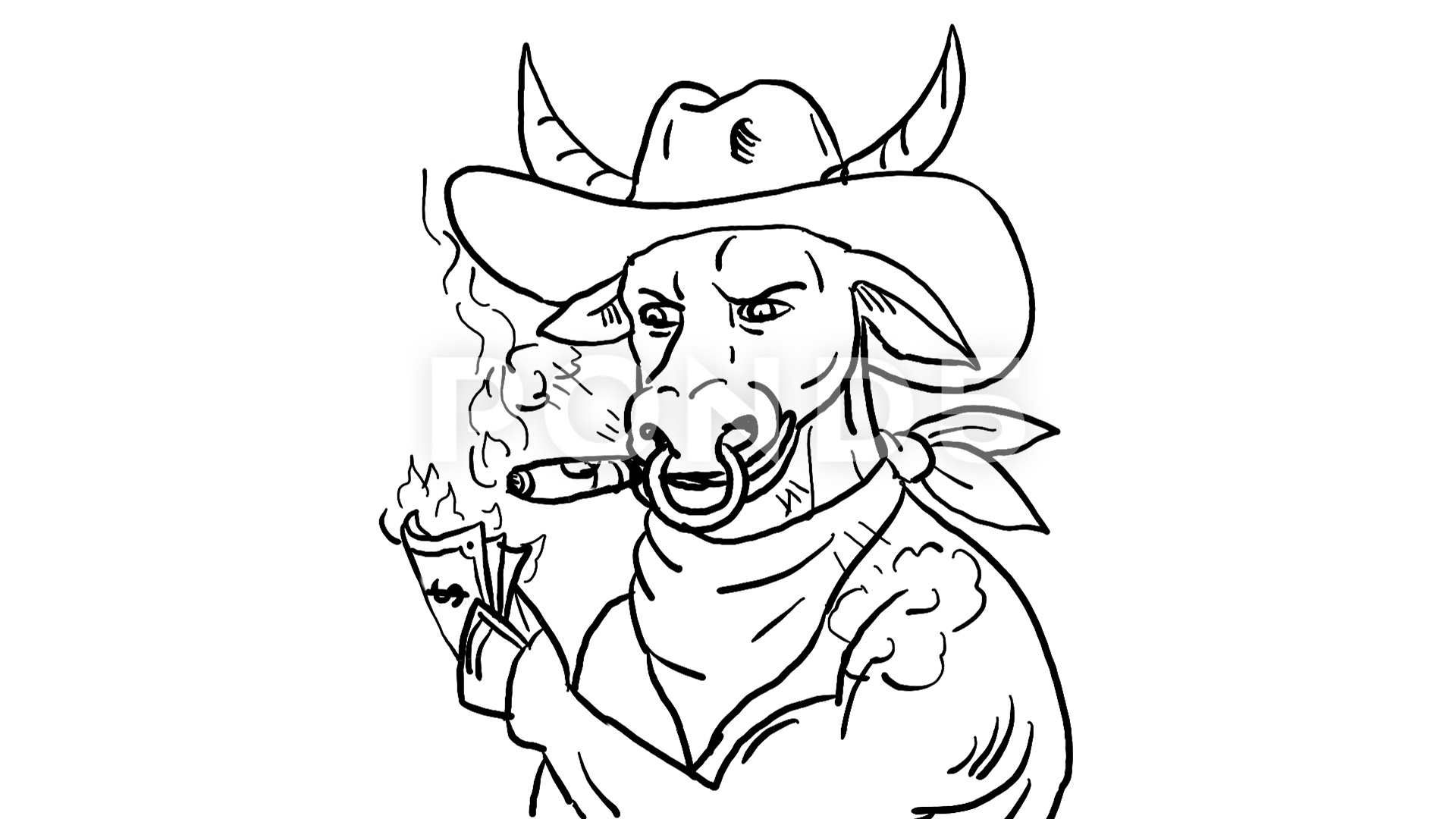 1920x1080 Cowboy Bull Smoking Cigar Drawing Animation Video - Cowboy Line Drawing