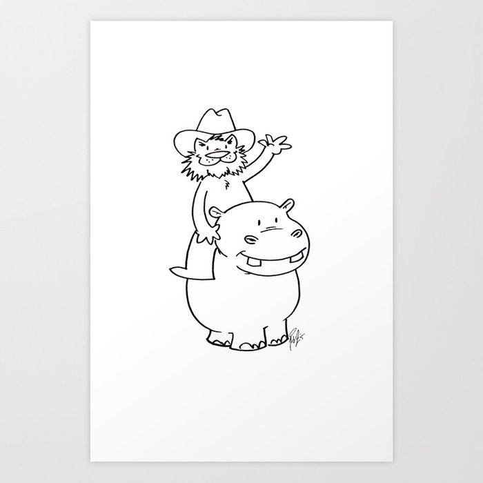700x700 Cowboy Cat Riding A Hippo - Cowboy Line Drawing