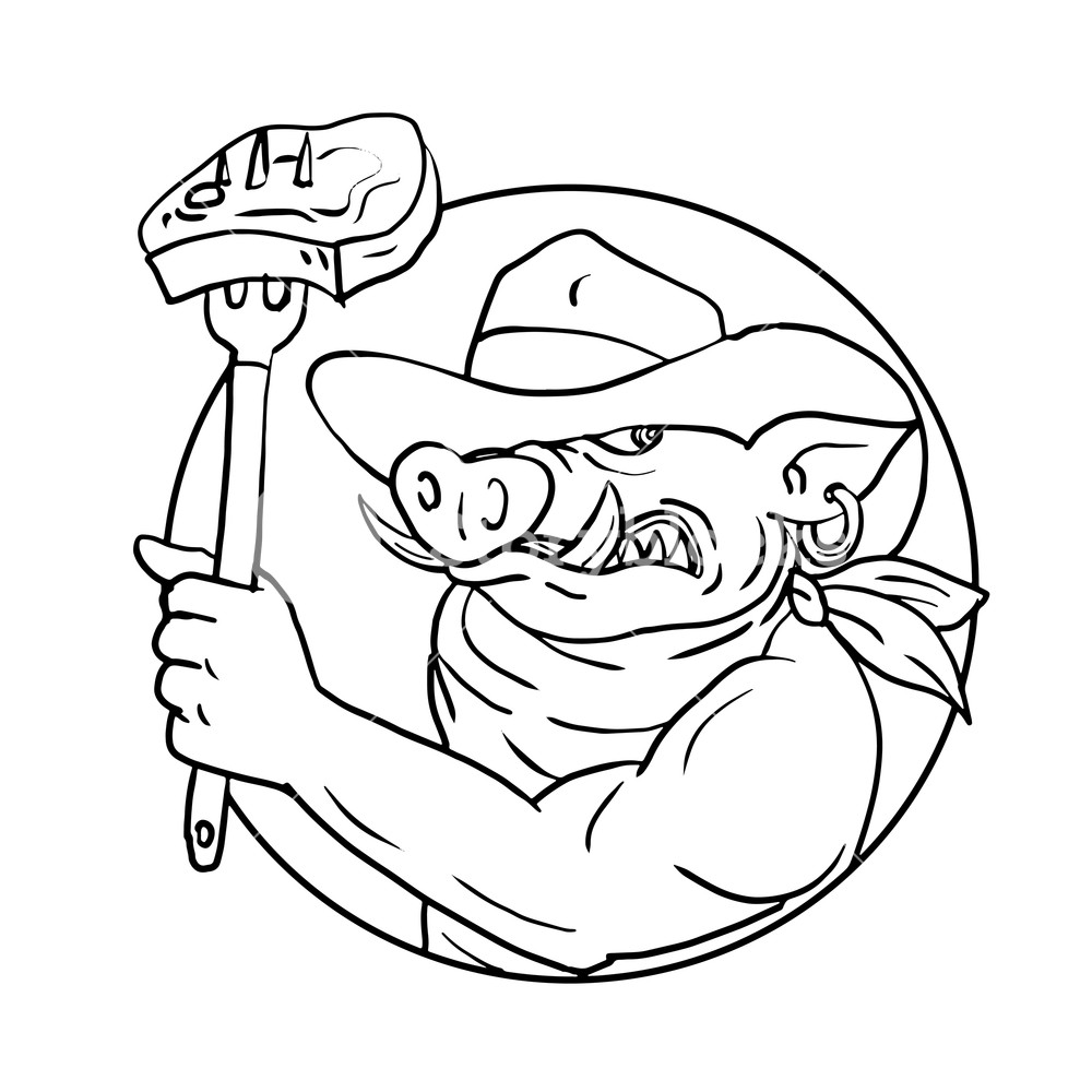 1000x1000 drawing sketch style illustration of a cowboy wild pig, hog - Cowboy Line Drawing