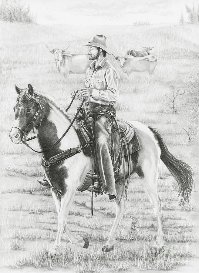 656x900 Cowboy And Horse No Fences Drawing - Cowboy On Horse Drawing