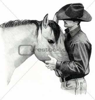 325x340 Image Pencil Drawing Of Cowboy Holding Horse - Cowboy On Horse Drawing