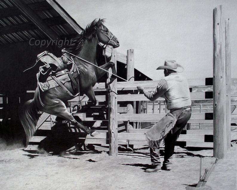 794x637 Old Horse New Trick Art Western Cowboy Horse Etsy - Cowboy On Horse Drawing