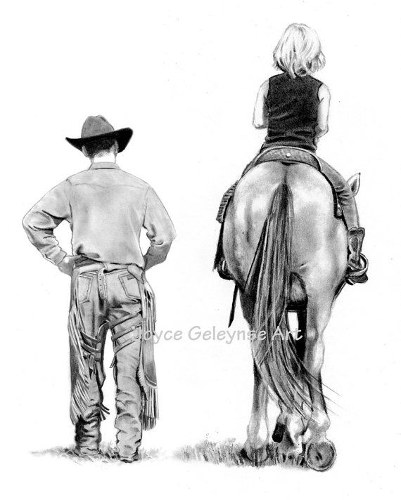 570x712 A Pencil Drawing Of A Cowboy Walking Beside A Young Girl - Cowboy On Horse Drawing