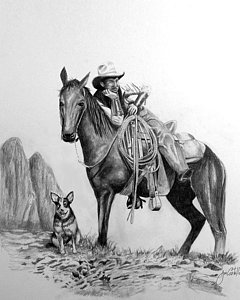 240x300 Open Range Drawing - Cowboy On Horse Drawing