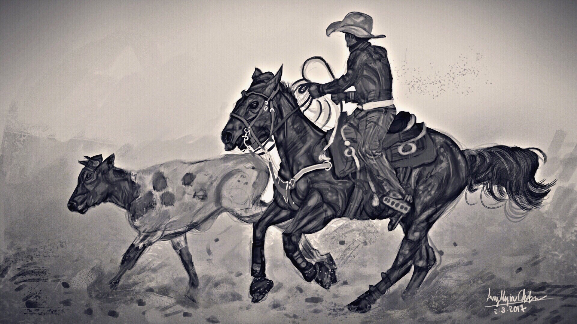 1920x1080 Aungmyin Chit - Cowboy On Horse Drawing