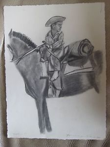 225x300 Boy Cowboy Hat Horse Drawing Signed Yvonne Williams Listed Western - Cowboy On Horse Drawing