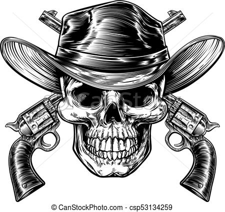 450x424 cowboy skull and pistols skull cowboy in western hat and a pair - Cowboy Skull Drawing
