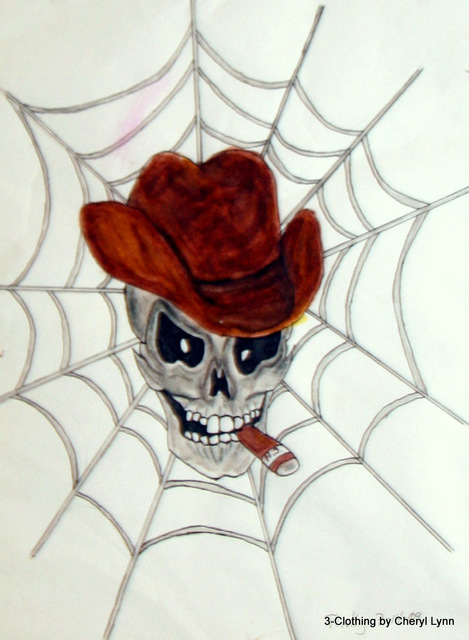 469x640 Cheryl Pertuch Artwork Spider Skull Cowboy With Cigar Original - Cowboy Skull Drawing