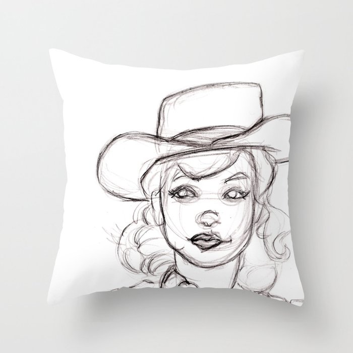 700x700 Pencil Drawing Sketch Of Retro Girl In Cowboy Hat Throw Pillow - Cowgirl Hat Drawing