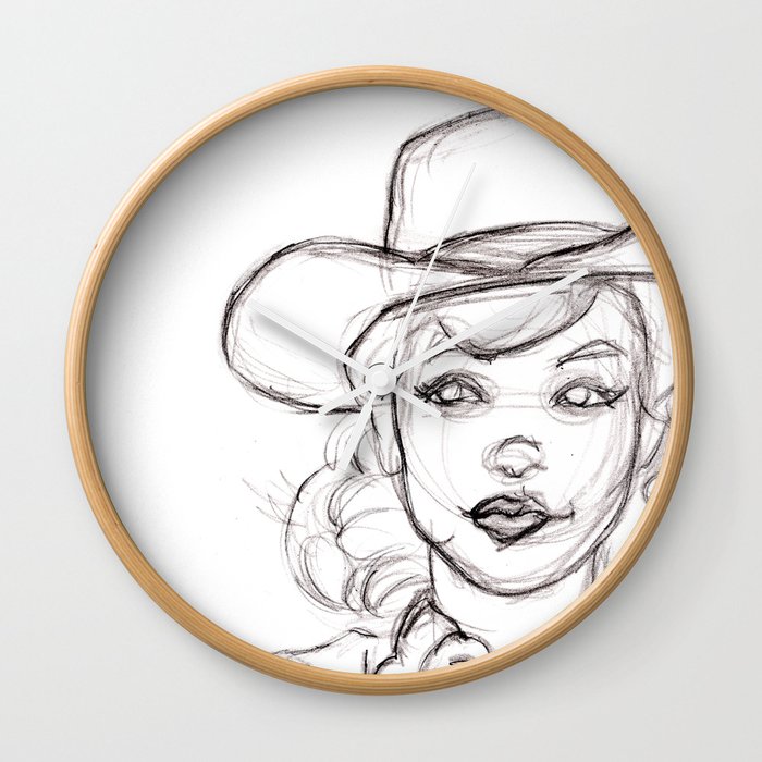 700x700 Pencil Drawing Sketch Of Retro Girl In Cowboy Hat Wall Clock - Cowgirl Hat Drawing