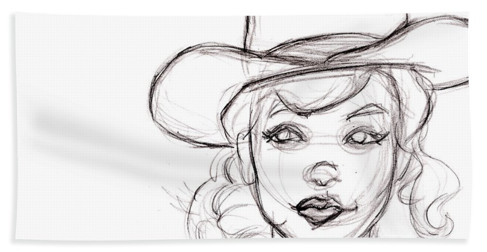 967x500 Pencil Sketch Drawing Of Retro Girl In Cowboy Hat Bath Towel - Cowgirl Hat Drawing