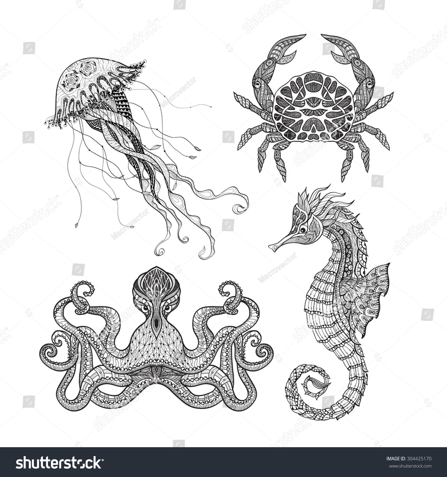 1500x1600 Abstract Animal Line Drawings Sea Animals Seahorse Octopus - Crab Line Drawing