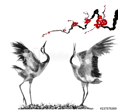 500x469 japanese cranes bird drawing red stylized flowers of plum mei - Crane Bird Drawing