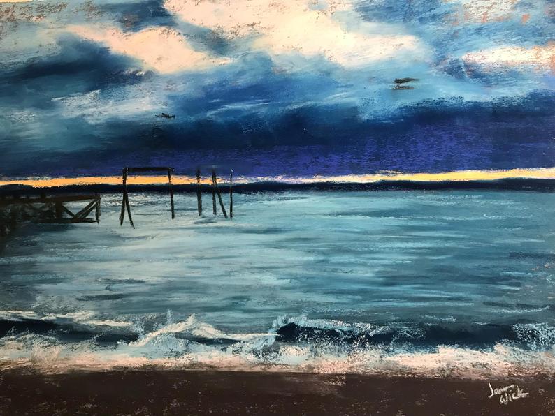 794x596 storm on the pier original pastel drawing - Crashing Waves Drawing