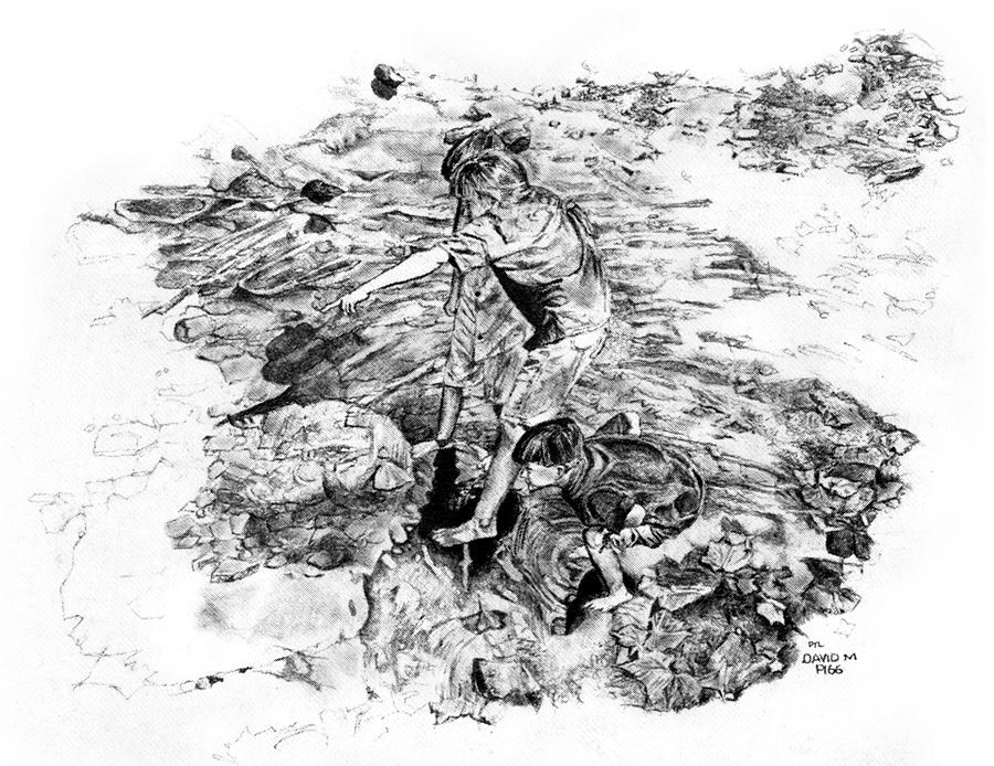 900x694 children at the crawdad hole drawing - Crawdad Drawing