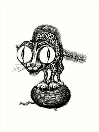 413x549 crazy cat surreal black and white pen ink drawing art prints - Crazy Cat Drawing