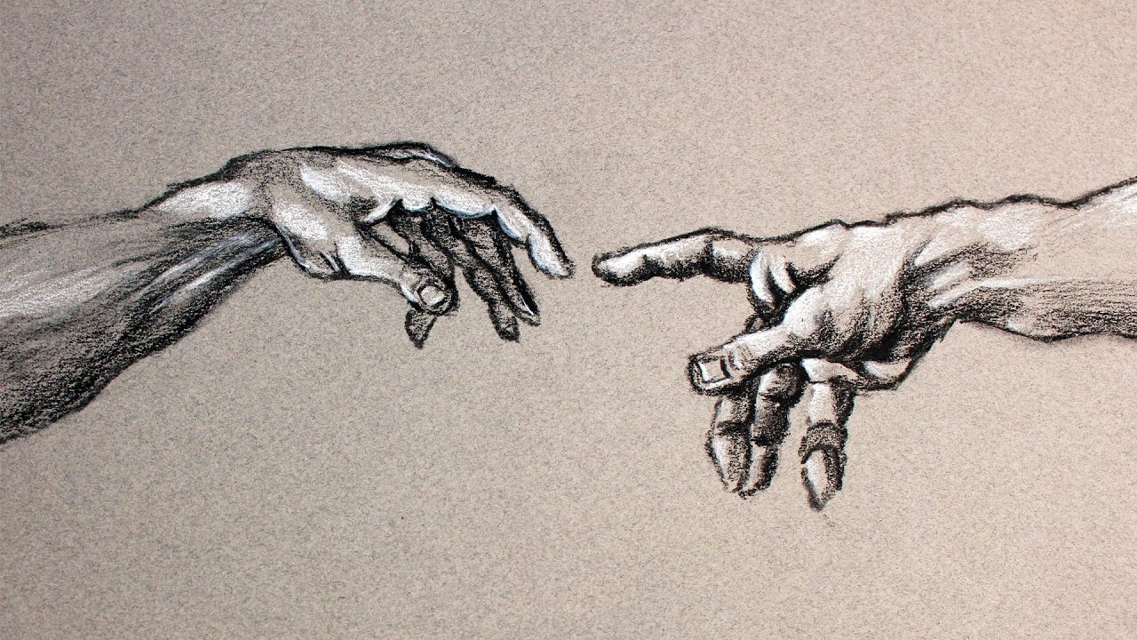 1280x720 Creation Of Adam Hands Drawn In Charcoal Process - Creation Of Adam Drawing