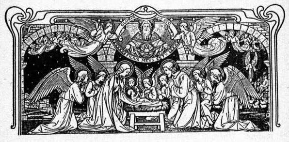 596x293 Winged Angels Pray Around Newborn Jesus A Canadian Family - Creche Drawings