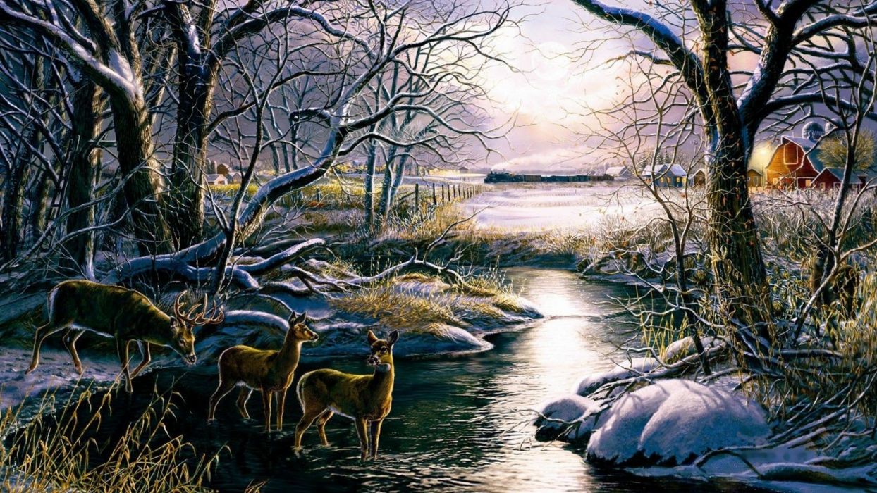 1244x700 art oil painting drawing forest creek deer fields huts wallpaper - Creek Drawing