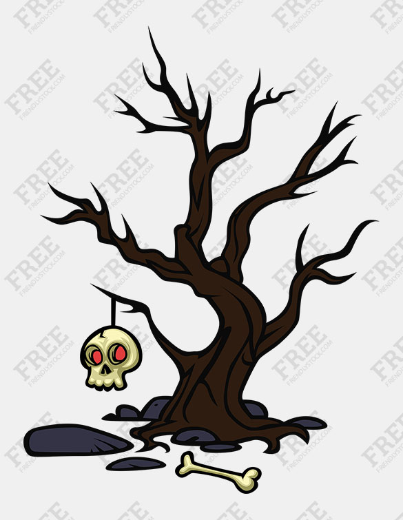 585x755 Free Graphic Haunted Tree With Human Skull - Creepy Dead Tree Drawing