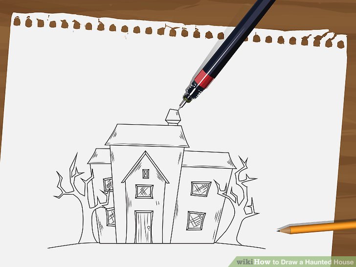 728x546 How To Draw A Haunted House Steps - Creepy House Drawing